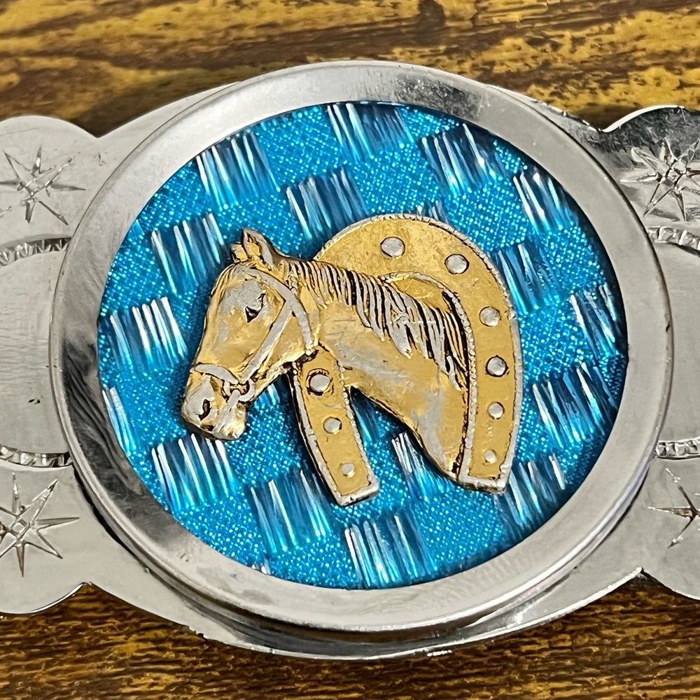 Silver and Blue Western Belt Buckle with Horse Shor Design